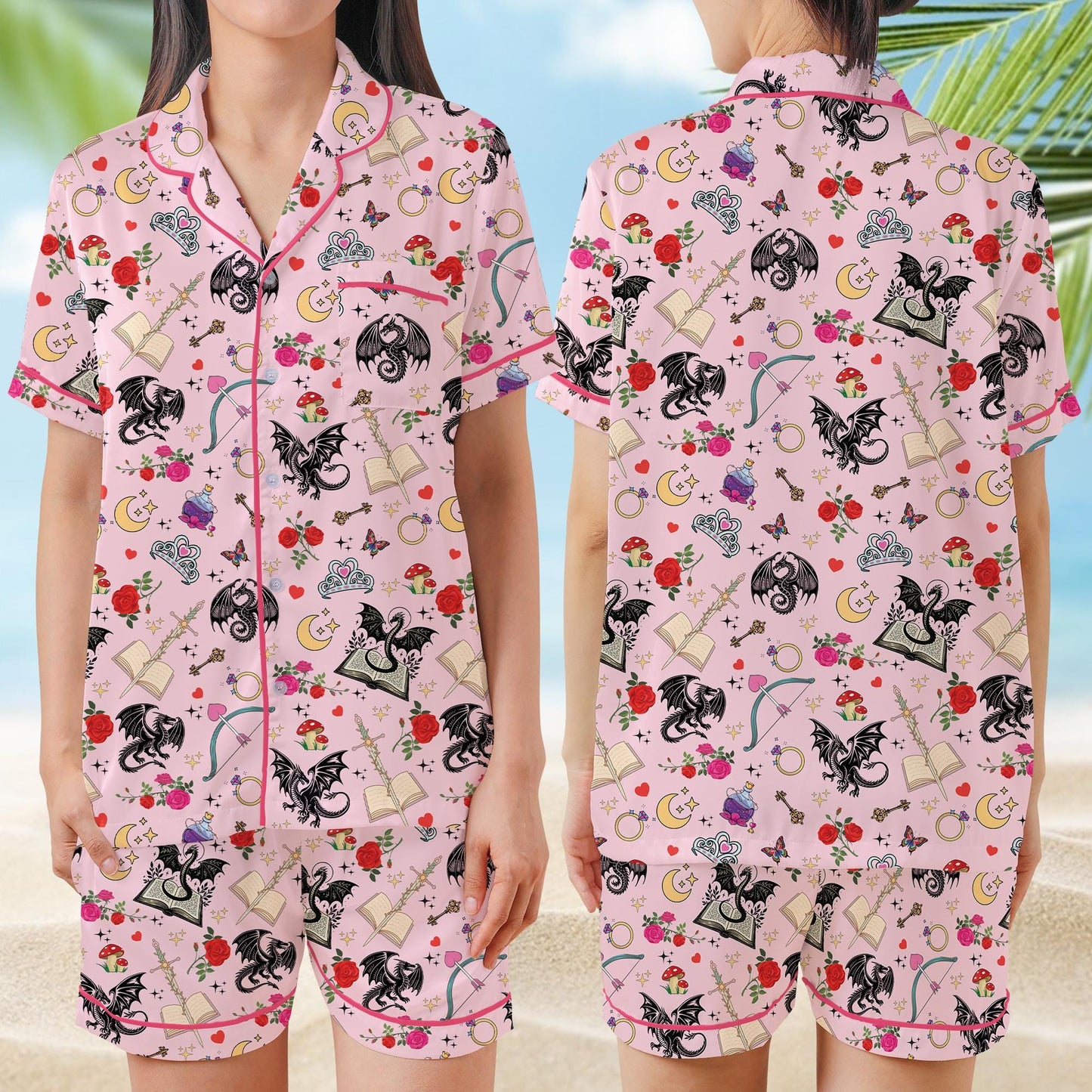 Romantasy Dragon Book Pajamas Set, Fantasy Book Lover Sleepwear, Bookish Girl Short Long Sleeve Pajama Set, Gift For Readers And Dreamers