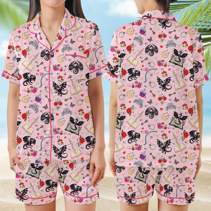 Romantasy Dragon Book Pajamas Set, Fantasy Book Lover Sleepwear, Bookish Girl Short Long Sleeve Pajama Set, Gift For Readers And Dreamers