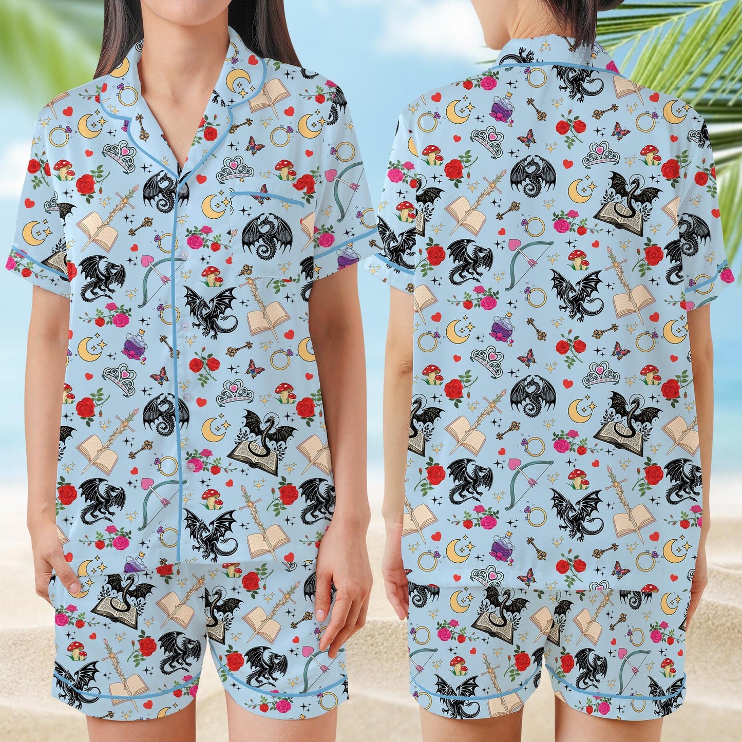 Romantasy Dragon Book Pajamas Set, Fantasy Book Lover Sleepwear, Bookish Girl Short Long Sleeve Pajama Set, Gift For Readers And Dreamers