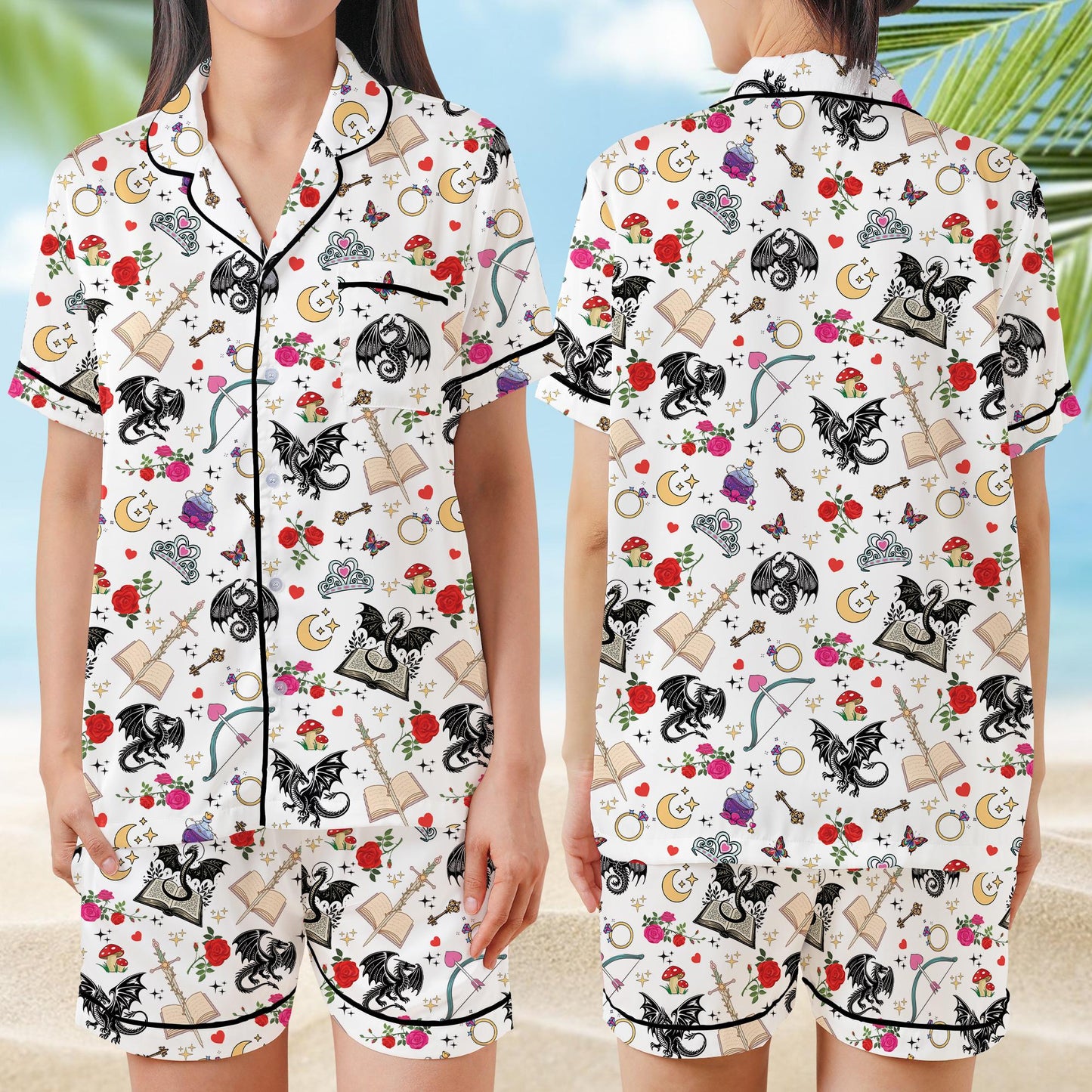 Romantasy Dragon Book Pajamas Set, Fantasy Book Lover Sleepwear, Bookish Girl Short Long Sleeve Pajama Set, Gift For Readers And Dreamers