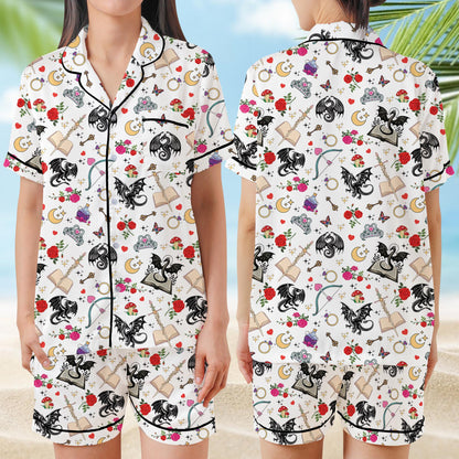 Romantasy Dragon Book Pajamas Set, Fantasy Book Lover Sleepwear, Bookish Girl Short Long Sleeve Pajama Set, Gift For Readers And Dreamers