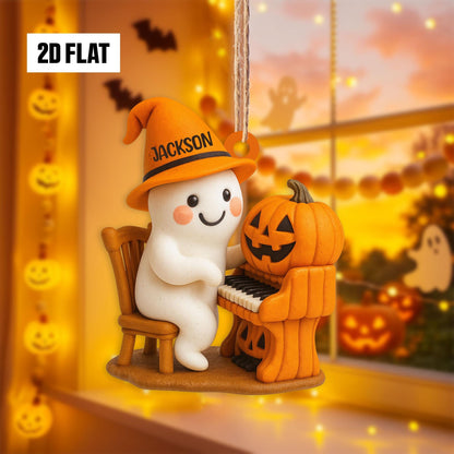 Personalized Halloween Ornament – Cute Ghost With Pumpkin Piano, Custom Name, 2D Flat Design, Fun And Spooky Halloween Hanging Window