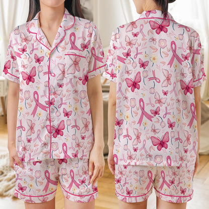 Breast Cancer Awareness Pajama Set, Pink Ribbon Butterfly Floral Sleepwear, Cancer Warrior Pajamas Short or Long Sleeve, Cancer Support PJs
