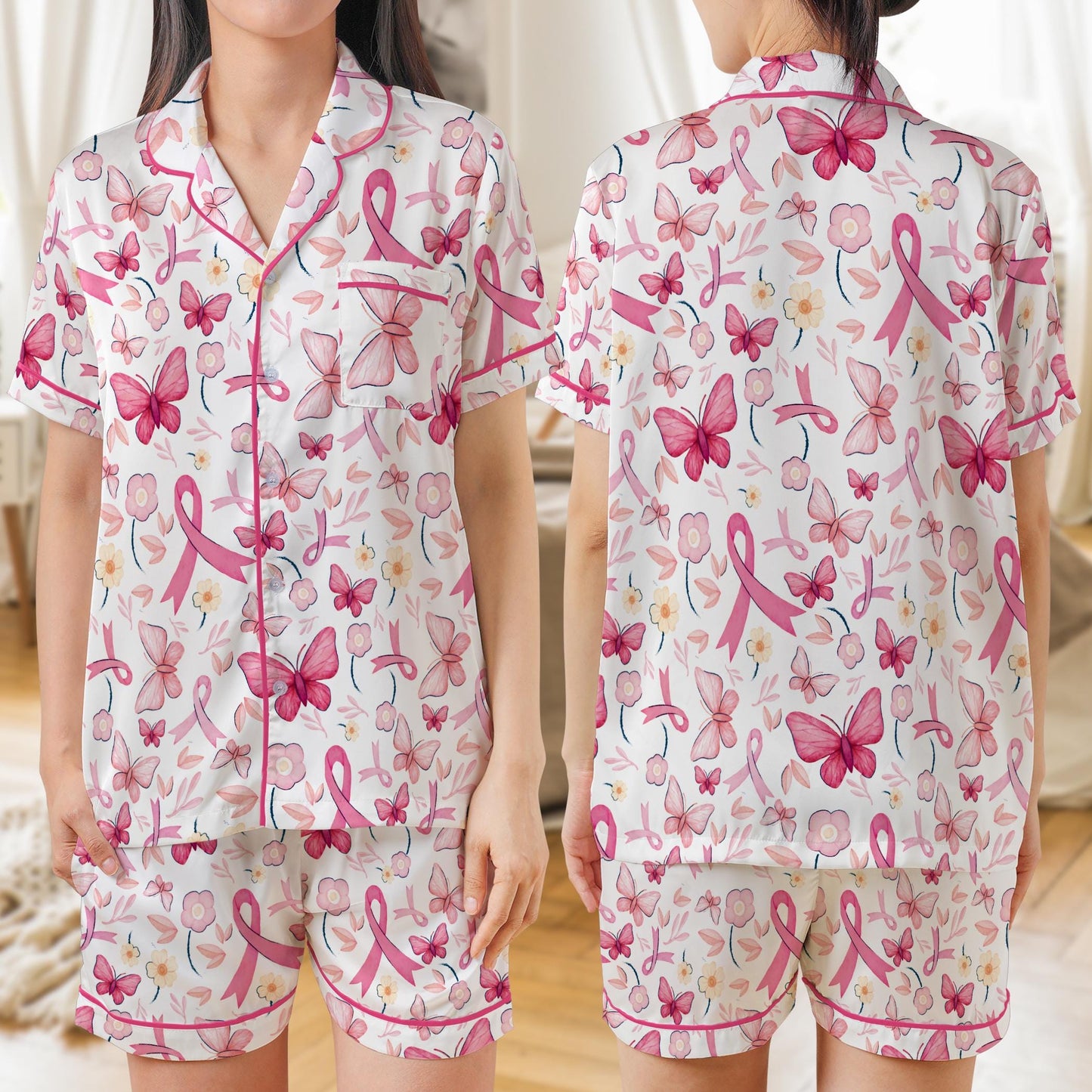 Breast Cancer Awareness Pajama Set, Pink Ribbon Butterfly Floral Sleepwear, Cancer Warrior Pajamas Short or Long Sleeve, Cancer Support PJs