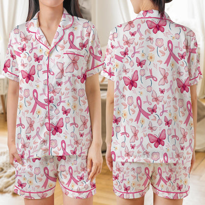 Breast Cancer Awareness Pajama Set, Pink Ribbon Butterfly Floral Sleepwear, Cancer Warrior Pajamas Short or Long Sleeve, Cancer Support PJs