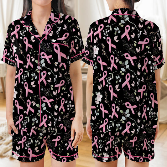 Breast Cancer Awareness Pajama Set, Pink Ribbon Floral Sleepwear for Women, Survivor Gift, Cancer Support Loungewear Short or Long Sleeve