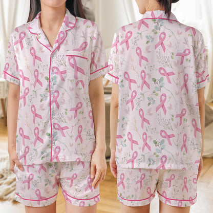 Breast Cancer Awareness Pajama Set, Pink Ribbon Floral Sleepwear for Women, Survivor Gift, Cancer Support Loungewear Short or Long Sleeve