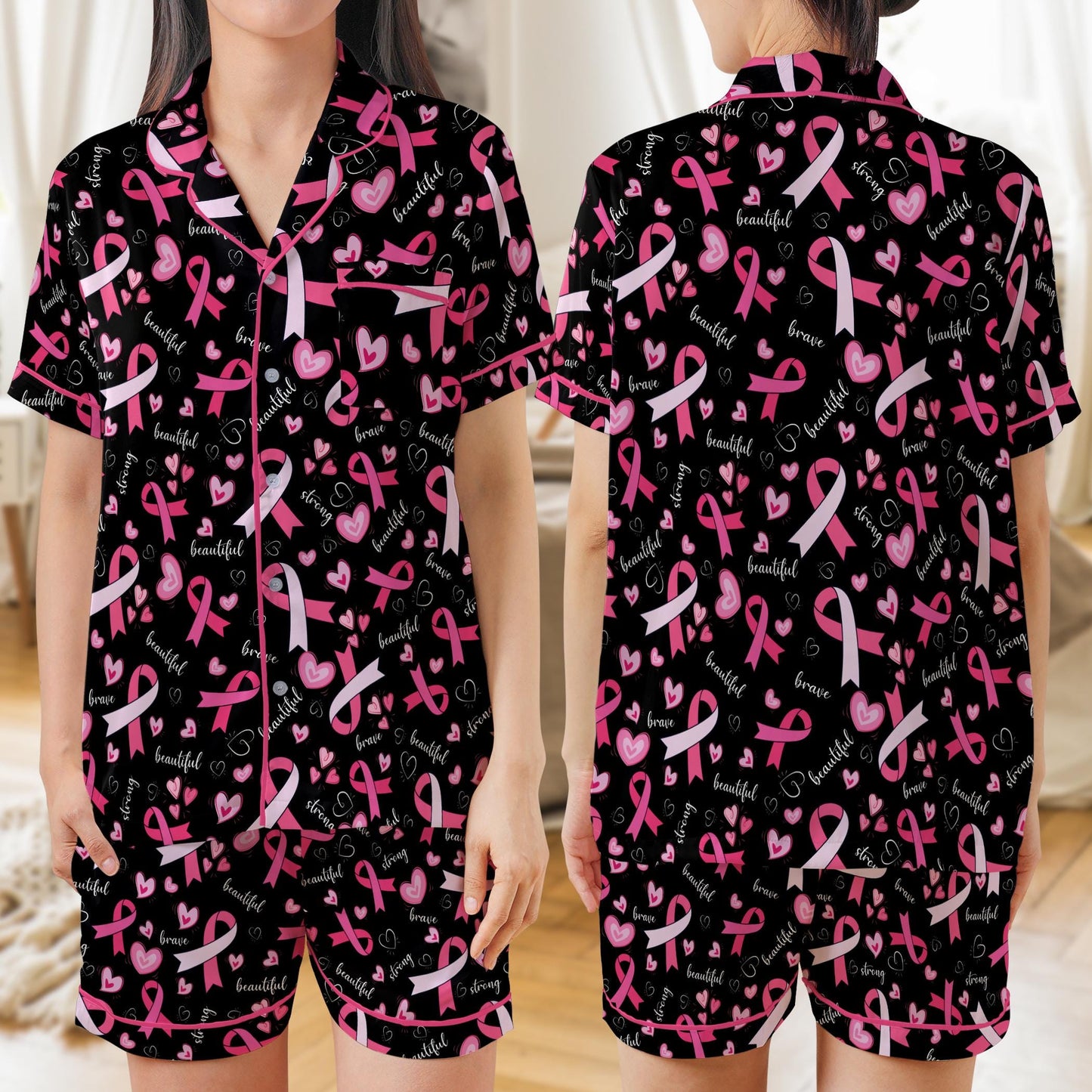 Brave Strong Beautiful Pink Ribbon Pajama Set, Breast Cancer Awareness Sleepwear, Breast Cancer Support PJs Gift for Fighters, Survivors
