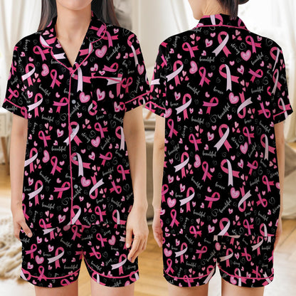 Brave Strong Beautiful Pink Ribbon Pajama Set, Breast Cancer Awareness Sleepwear, Breast Cancer Support PJs Gift for Fighters, Survivors