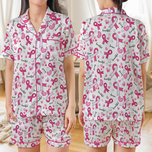 Brave Strong Beautiful Pink Ribbon Pajama Set, Breast Cancer Awareness Sleepwear, Breast Cancer Support PJs Gift for Fighters, Survivors