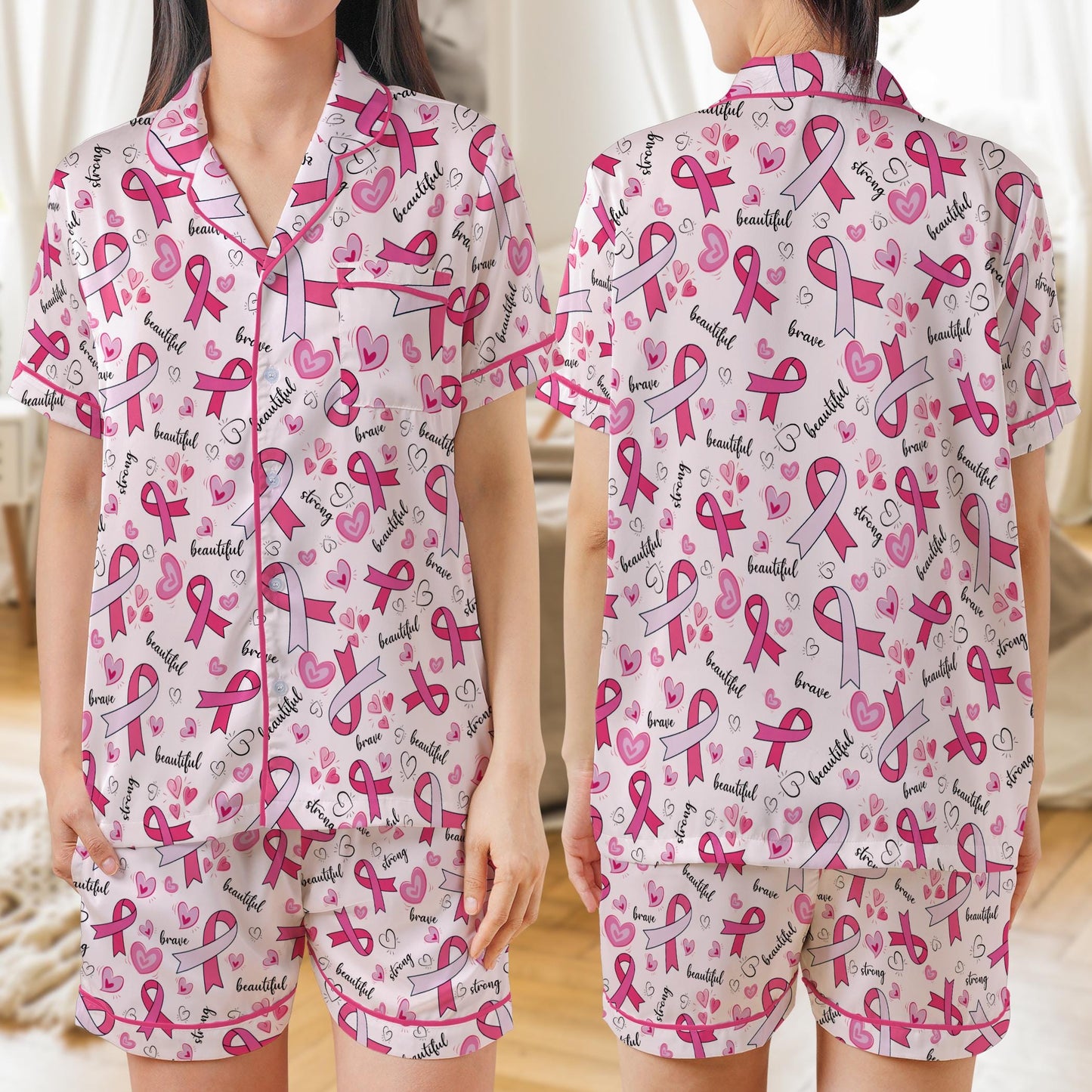 Brave Strong Beautiful Pink Ribbon Pajama Set, Breast Cancer Awareness Sleepwear, Breast Cancer Support PJs Gift for Fighters, Survivors