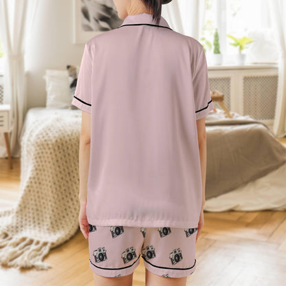 Photography Pajama Set Short Sleeves, Photo Camara Woman's Pink Satin Pajama Short Sleeve