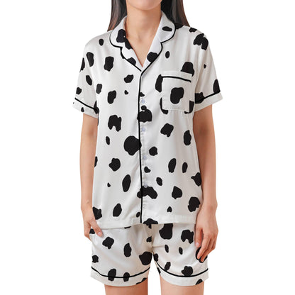 Brown Dalmatian Pajama Set Short Sleeves, Dalmation Print Woman's Satin Pajamas Short Sleeve
