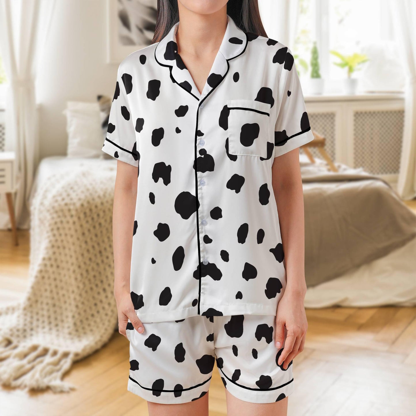 Brown Dalmatian Pajama Set Short Sleeves, Dalmation Print Woman's Satin Pajamas Short Sleeve