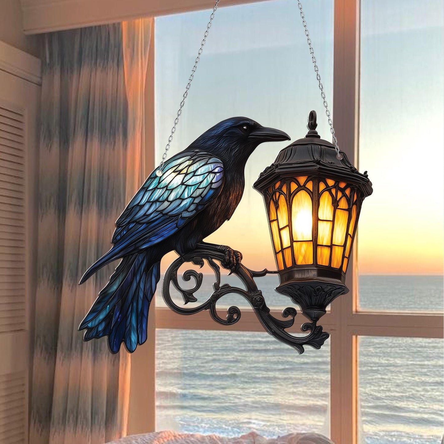 Raven Gothic on Lantern Acrylic Window Hanging, Halloween Crow on Lamp Decor, Halloween Decor for Dark Academia Home, Witchcraft Decor Fans