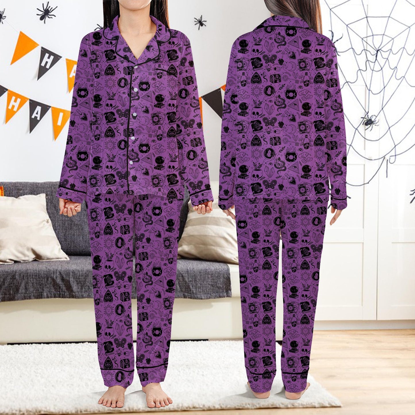 Retro Witch Vibes Halloween Satin Pajamas Set, Spooky Season Sleeve Pajama Set, Gothic Halloween Sleepwear, Celestial Halloween Pajamas