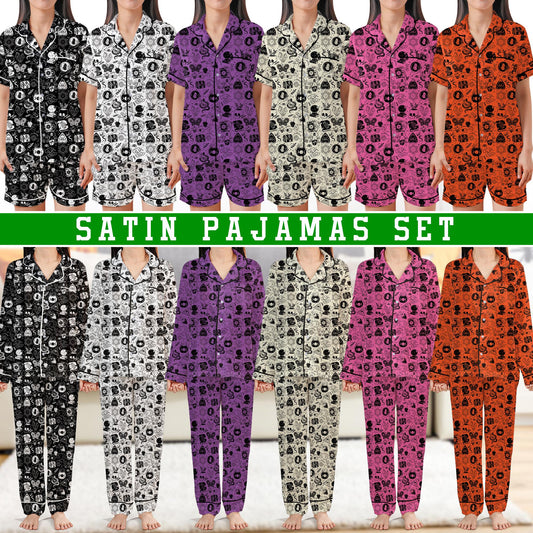 Retro Witch Vibes Halloween Satin Pajamas Set, Spooky Season Sleeve Pajama Set, Gothic Halloween Sleepwear, Celestial Halloween Pajamas