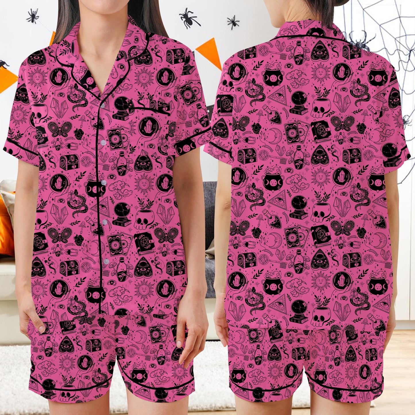 Retro Witch Vibes Halloween Satin Pajamas Set, Spooky Season Sleeve Pajama Set, Gothic Halloween Sleepwear, Celestial Halloween Pajamas