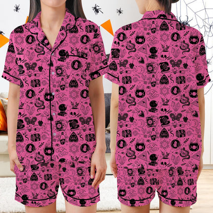 Retro Witch Vibes Halloween Satin Pajamas Set, Spooky Season Sleeve Pajama Set, Gothic Halloween Sleepwear, Celestial Halloween Pajamas