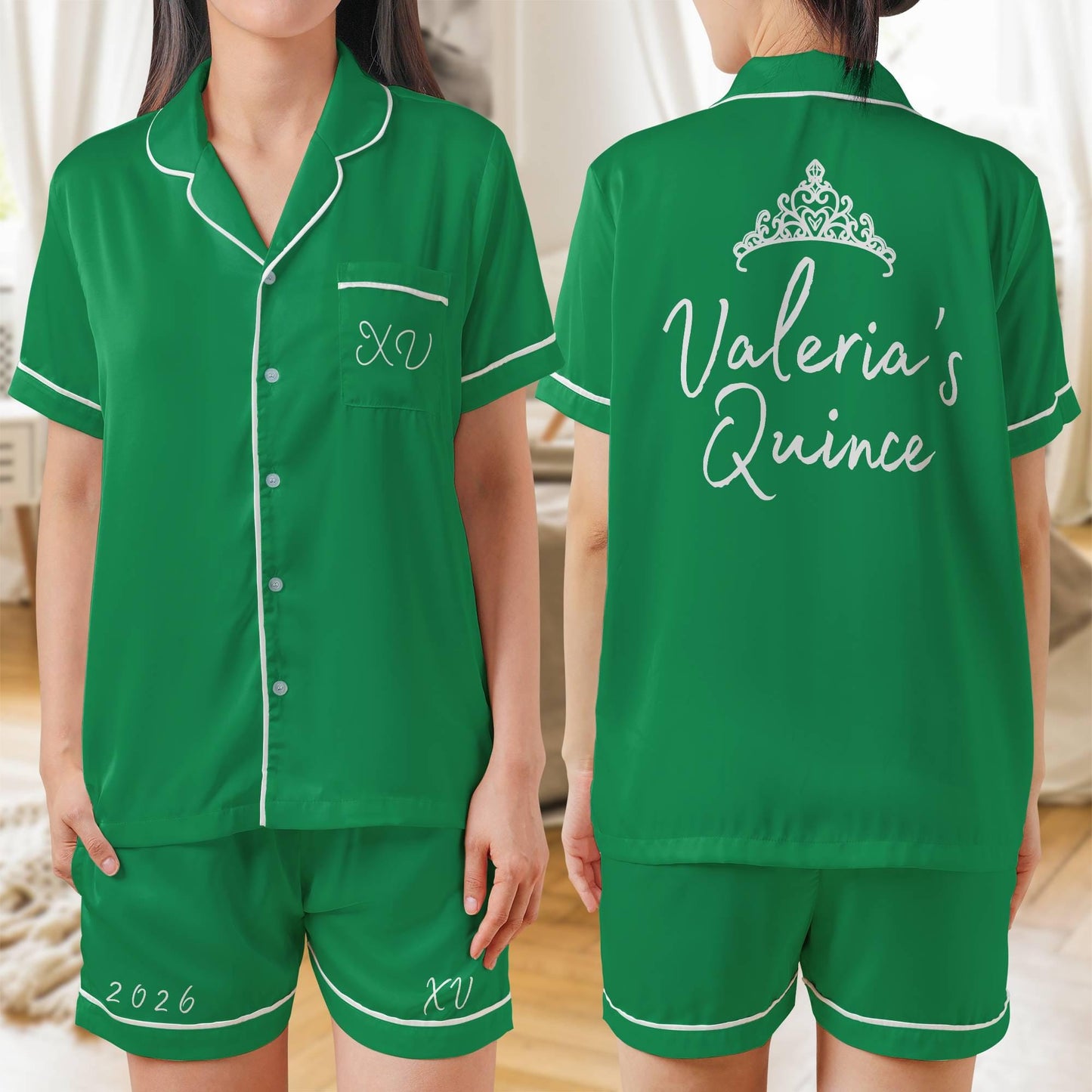 Quinceañera Pajama set, Mis Quince Años, Quinceanera PJs Short Sleeve PJ with shorts Satin Pajamas