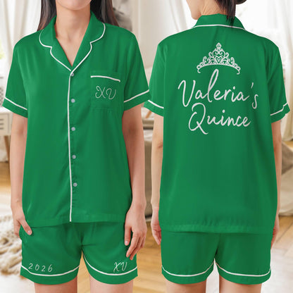 Quinceañera Pajama set, Mis Quince Años, Quinceanera PJs Short Sleeve PJ with shorts Satin Pajamas