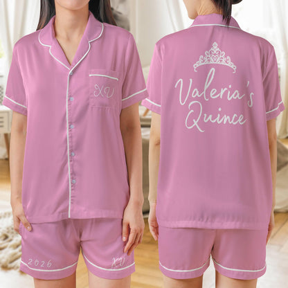 Quinceañera Pajama set, Mis Quince Años, Quinceanera PJs Short Sleeve PJ with shorts Satin Pajamas