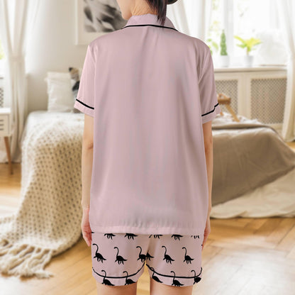 Loch Ness Pajama Set Short Sleeves, Nessie Woman's Pink Satin Pajama Short Sleeve