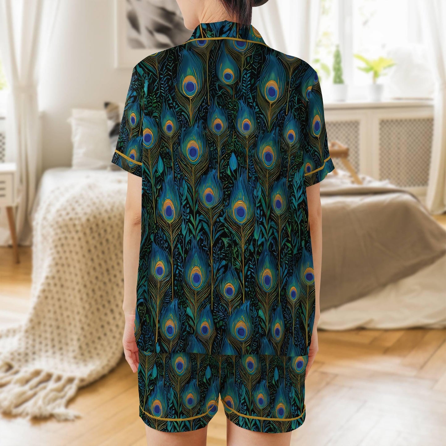 Peacock Pajama Set Short Sleeves, Peacock Feathers Woman's Satin Pajama Short Sleeve