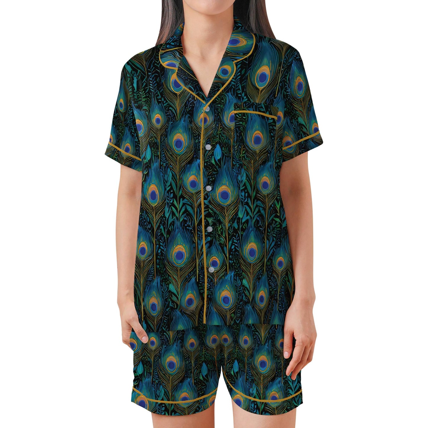 Peacock Pajama Set Short Sleeves, Peacock Feathers Woman's Satin Pajama Short Sleeve