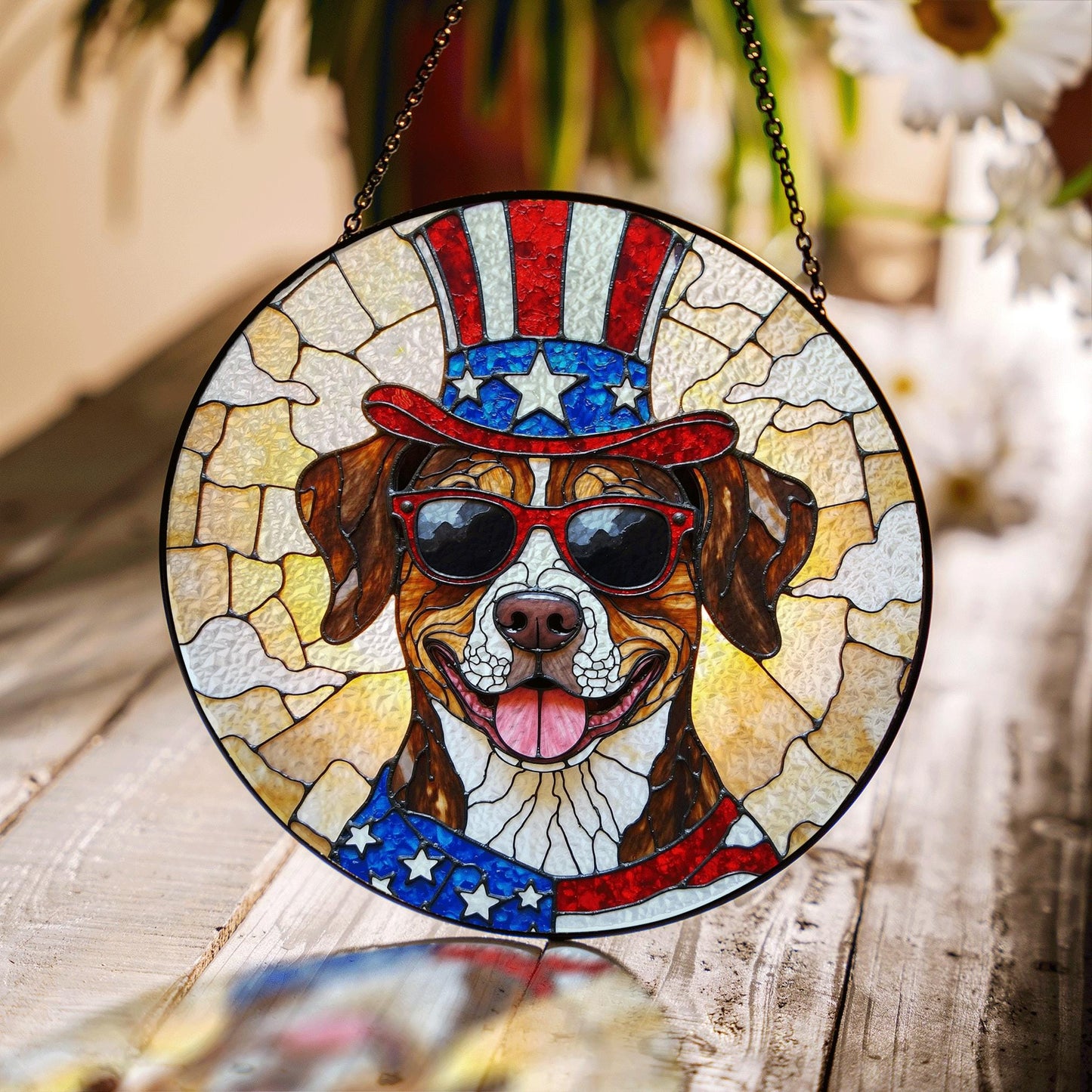 Patriotic dog with Uncle Sam hat Suncatcher stained glass window decor Independence Day gift for dog lovers