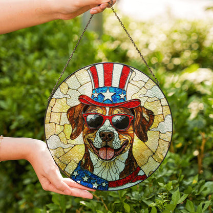 Patriotic dog with Uncle Sam hat Suncatcher stained glass window decor Independence Day gift for dog lovers