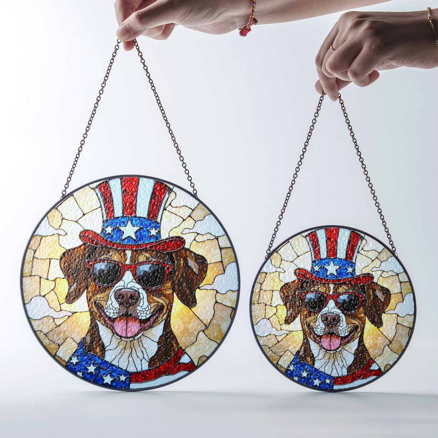 Patriotic dog with Uncle Sam hat Suncatcher stained glass window decor Independence Day gift for dog lovers