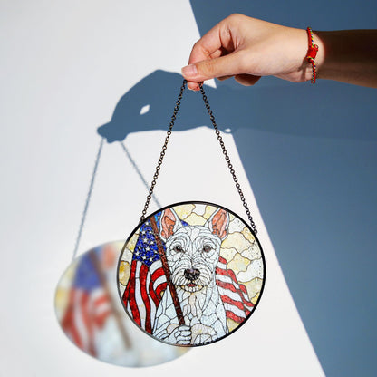 Patriotic dog American flag stained glass window art round suncatcher gift for July Fourth dog lover home decor