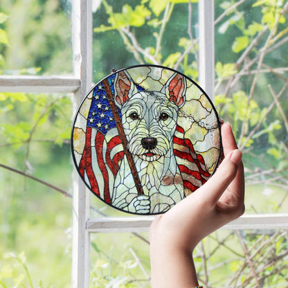 Patriotic dog American flag stained glass window art round suncatcher gift for July Fourth dog lover home decor