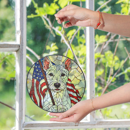 Patriotic dog American flag stained glass window art round suncatcher gift for July Fourth dog lover home decor