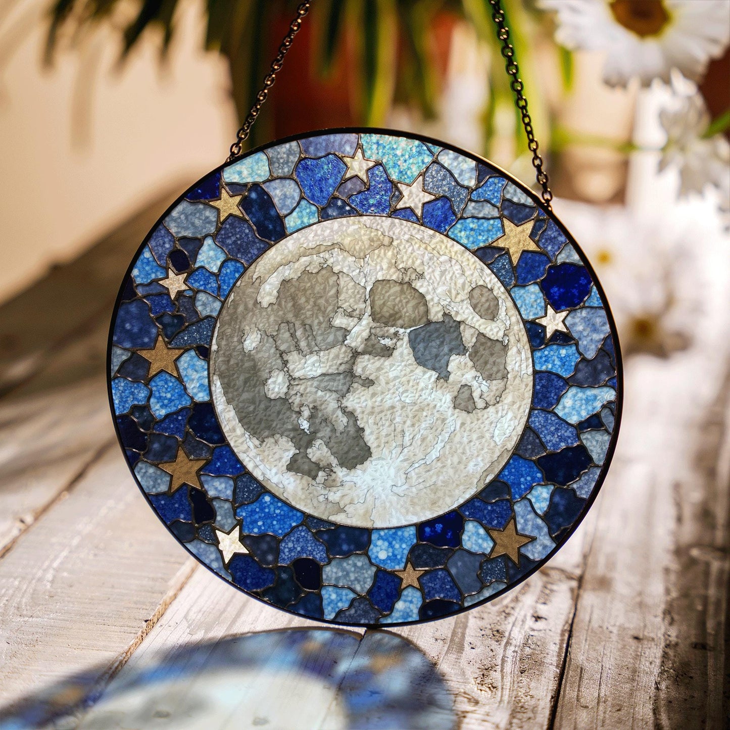 Mosaic Moon Starry Night stained glass suncatcher round window hanging celestial art gift for space lover mom birthday