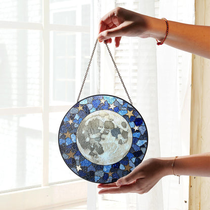 Mosaic Moon Starry Night stained glass suncatcher round window hanging celestial art gift for space lover mom birthday