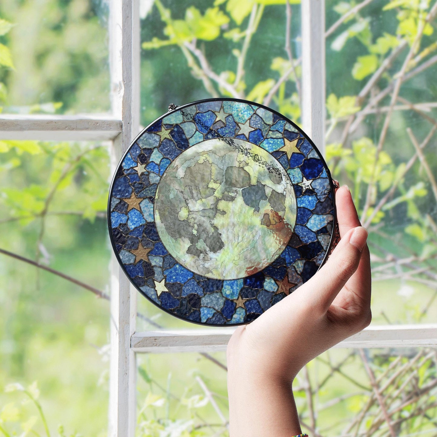 Mosaic Moon Starry Night stained glass suncatcher round window hanging celestial art gift for space lover mom birthday