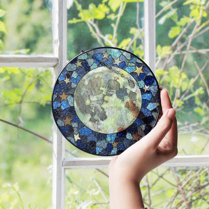 Mosaic Moon Starry Night stained glass suncatcher round window hanging celestial art gift for space lover mom birthday