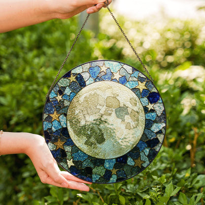Mosaic Moon Starry Night stained glass suncatcher round window hanging celestial art gift for space lover mom birthday