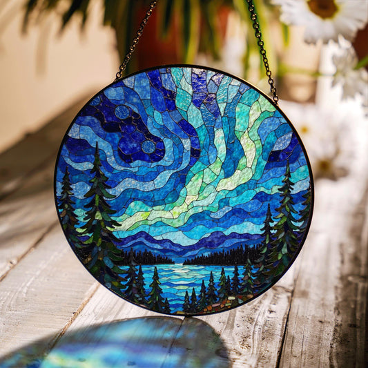 Aurora borealis forest lake mosaic round stained glass suncatcher window art gift for nature lover housewarming