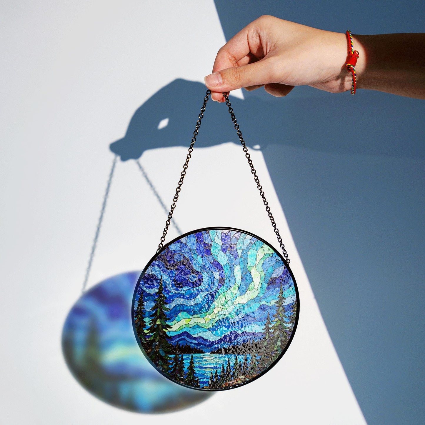 Aurora borealis forest lake mosaic round stained glass suncatcher window art gift for nature lover housewarming
