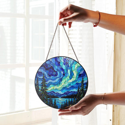 Aurora borealis forest lake mosaic round stained glass suncatcher window art gift for nature lover housewarming