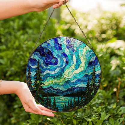 Aurora borealis forest lake mosaic round stained glass suncatcher window art gift for nature lover housewarming
