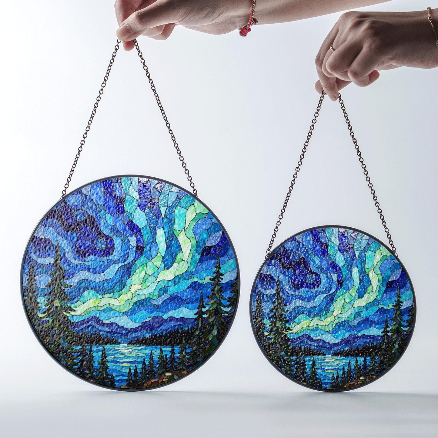 Aurora borealis forest lake mosaic round stained glass suncatcher window art gift for nature lover housewarming