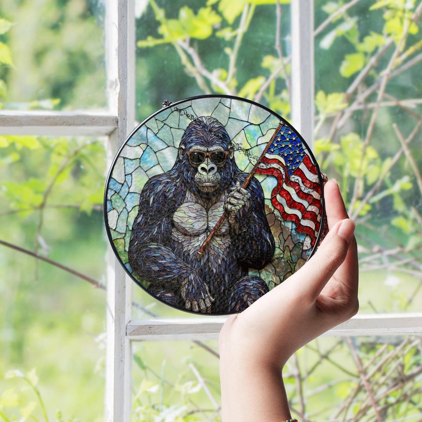 Cool gorilla waving USA flag stained glass round suncatcher window decor patriotic Fourth of July gift for dad