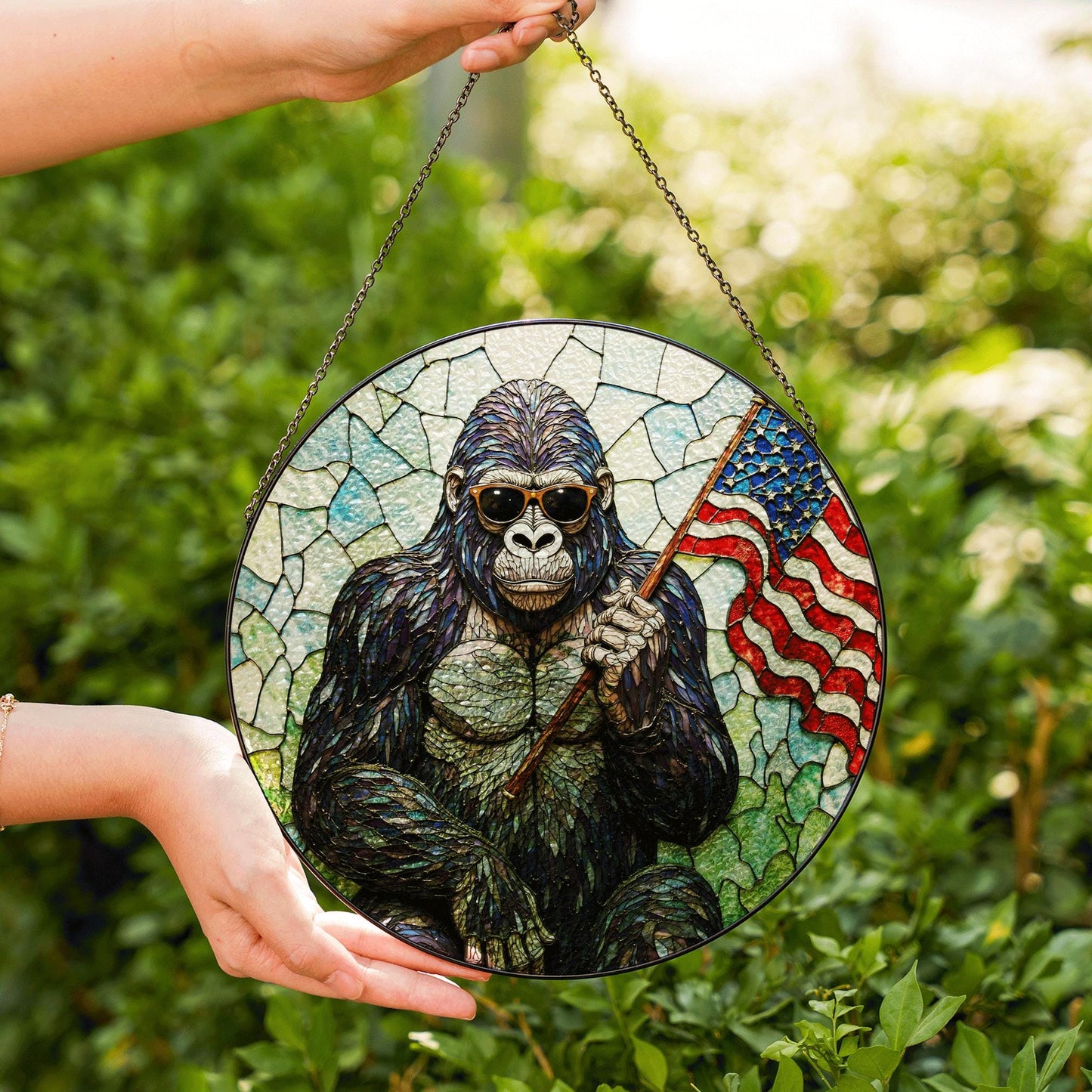 Cool gorilla waving USA flag stained glass round suncatcher window decor patriotic Fourth of July gift for dad