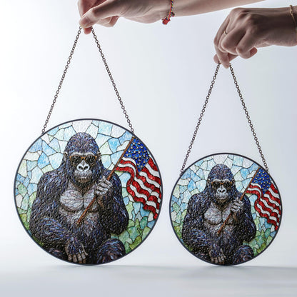 Cool gorilla waving USA flag stained glass round suncatcher window decor patriotic Fourth of July gift for dad