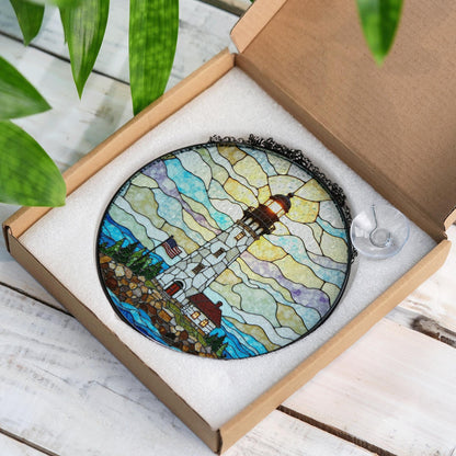 Patriotic Lighthouse Coastal Beacon Stained Glass Round Suncatcher Window Hanging Independence Day Gift for Dad