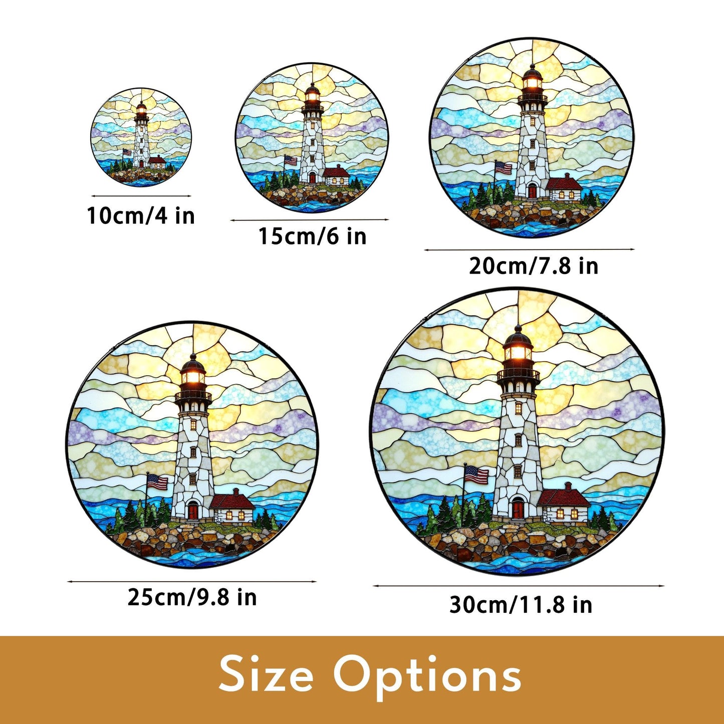 Patriotic Lighthouse Coastal Beacon Stained Glass Round Suncatcher Window Hanging Independence Day Gift for Dad